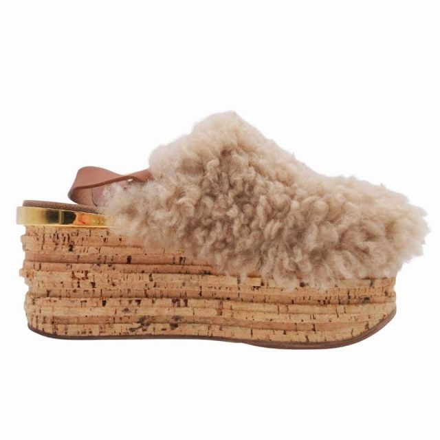 美品 クロエ CHLOE 厚底 ファー ボア サンダル コルクウェッジソール