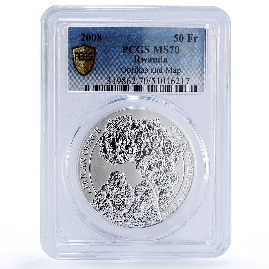 ルワンダ 50フラン ゴリラ アフリカンオンス 野生動物 動物 MS70 PCGS