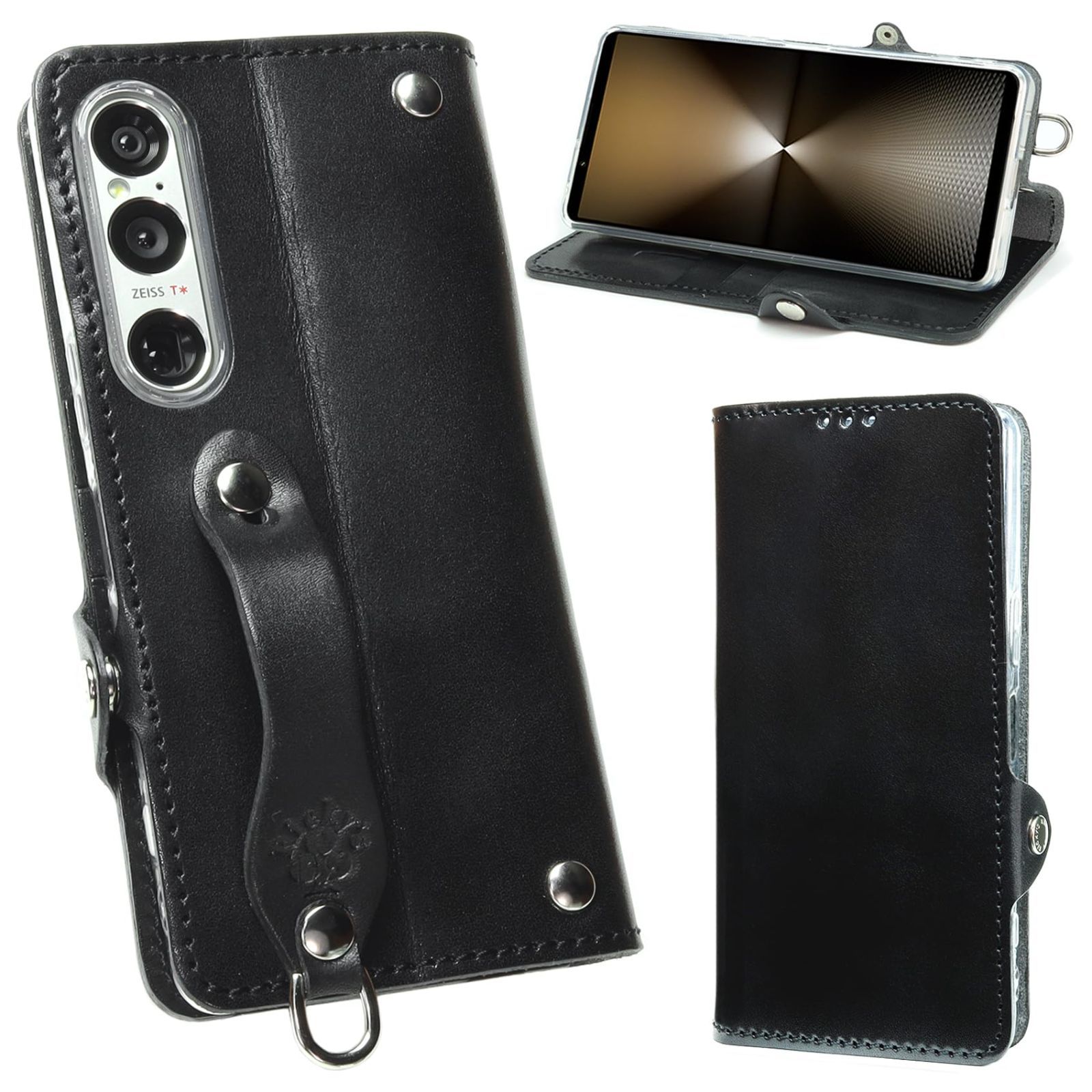 SO-52 E 左開き docomo au SOG 14 MSポケット Softbank 栃木ブラック ベルト ケース 栃木レザー 革 手帳型 本革 Xperia 10 VIと互換性のある EFGS リッキーズ