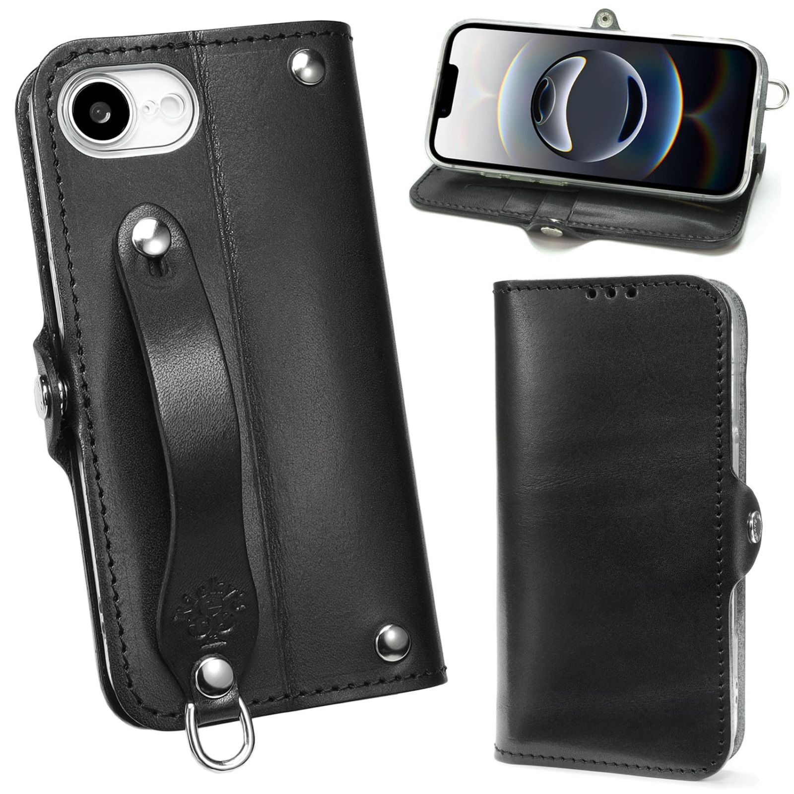 本革 革 栃木レザー TPU リッキーズ 左開き MSポケット 栃木ブラック ケース 手帳型 iPhone 16 eと互換性のある EFGS