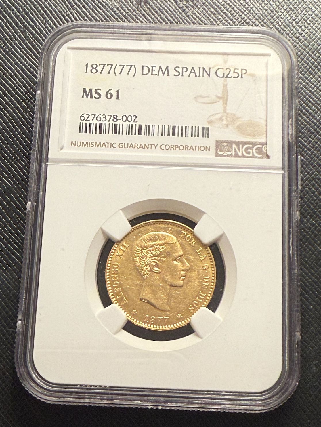 スペイン 1877 77 ゴールド 25 ペセタス NGC MS 61 アルフォンソ 12 世
