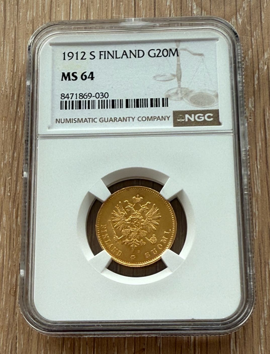フィンランド 1912 S ゴールド 20 マルカ NGC MS 64