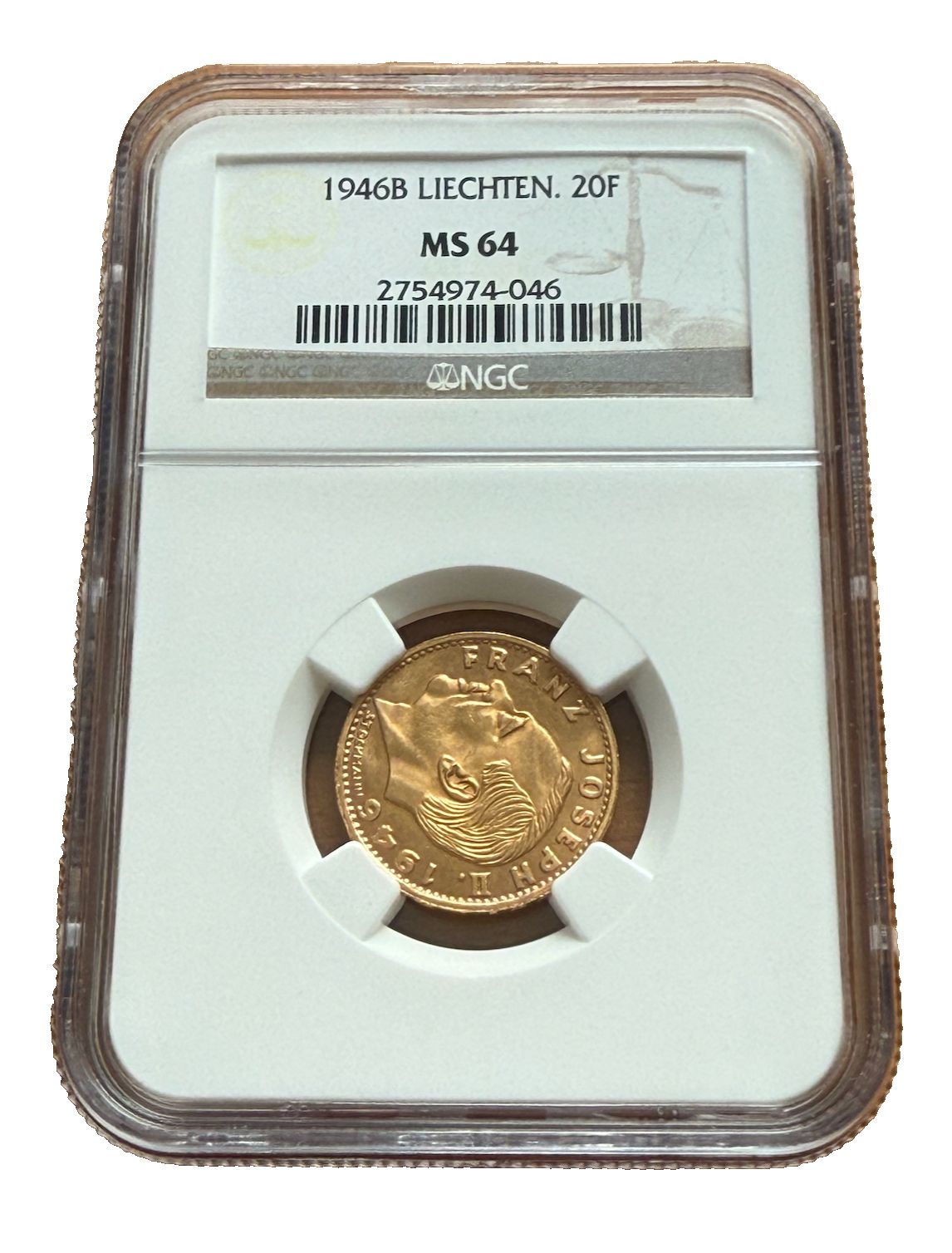 リヒテンシュタイン 1946 ゴールド 20 フランケン NGC MS 64