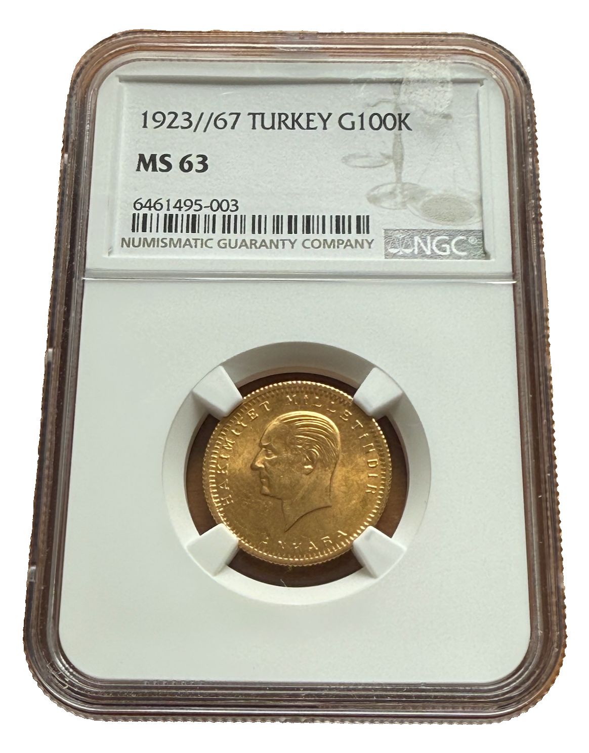 トルコ 1923 67 金 100 クル NGC MS 63