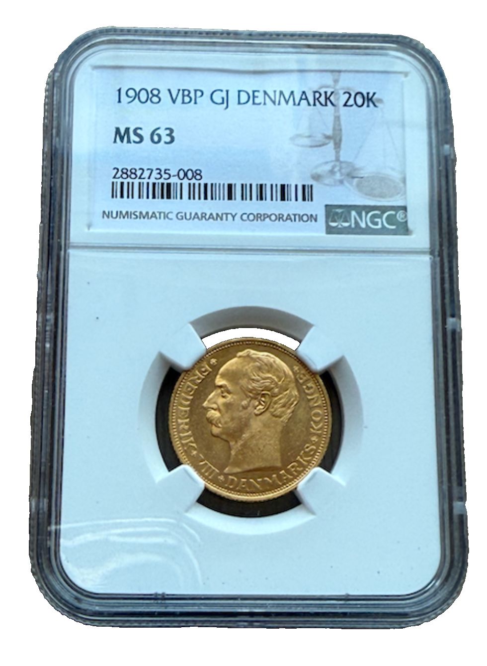 デンマーク 1908年 金 20 Krr NGC MS63 フレゼリク8世 - メルカリ