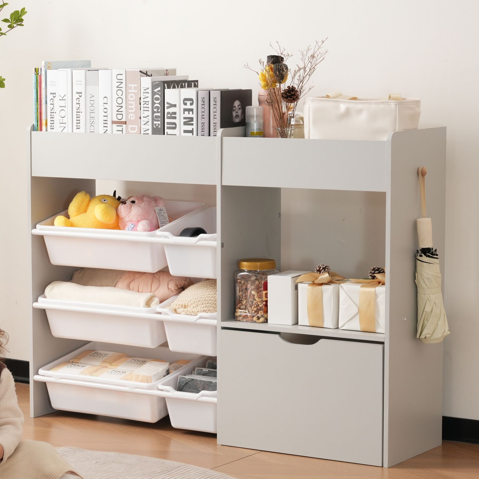 絵本棚 おもちゃ収納ラック ワゴン付き 幅109cm 2024 大容量 木製 収納