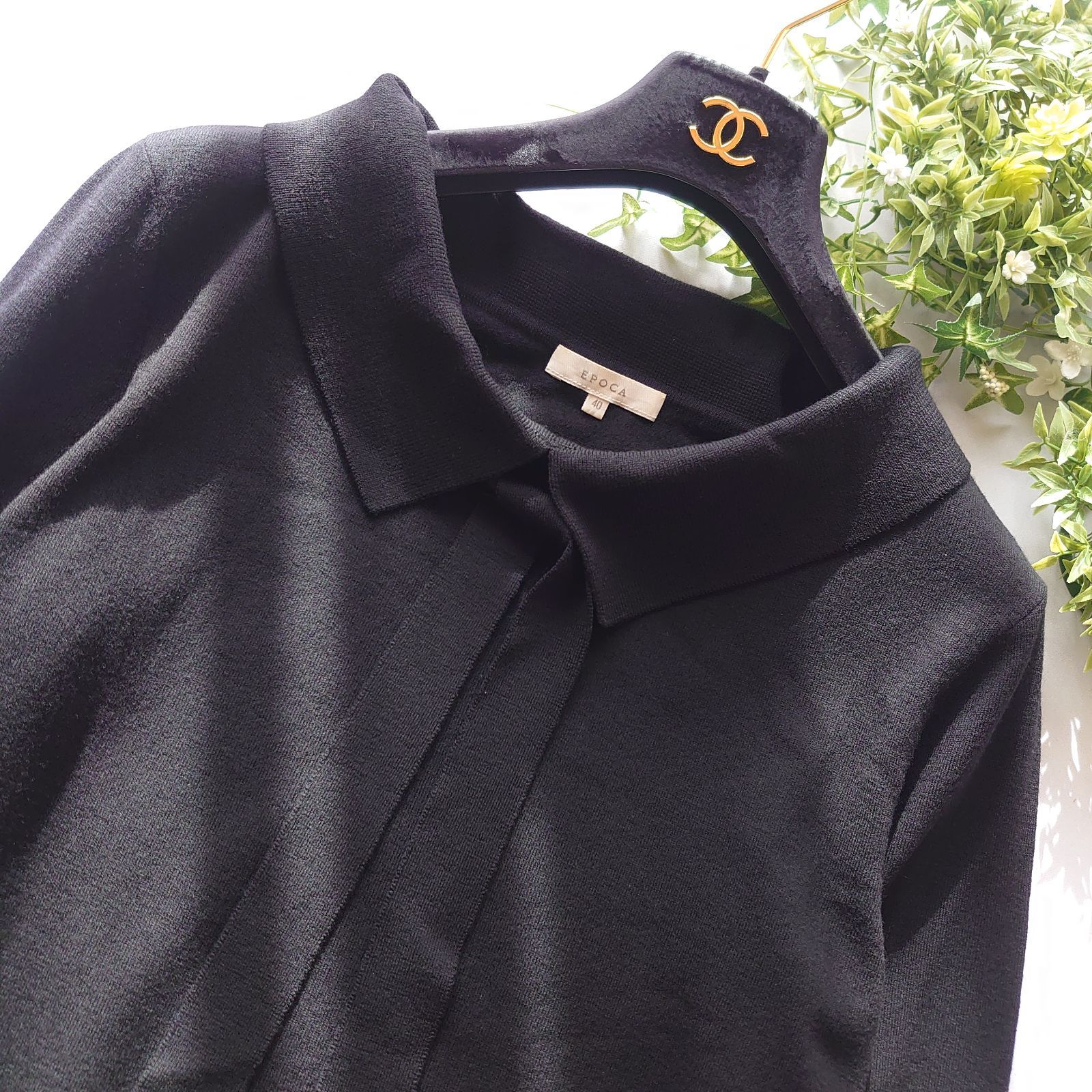 21AW エポカ 長袖セーター ニット 40 M 黒 ウール ボウタイリボン