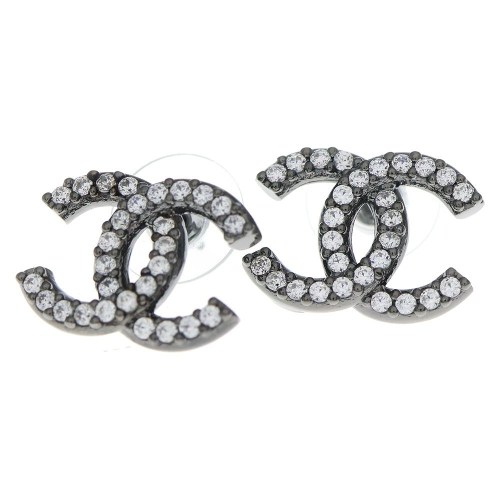 CHANEL (シャネル) ココマーク ラインストーンピアス ブラック