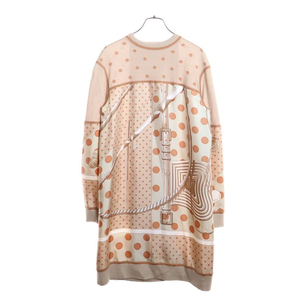 HERMES エルメス ツイルレーヌ ドット柄シルクスカーフ切り替え カシミヤ クルーネック 長袖ニット ワンピース ベージュ レディース