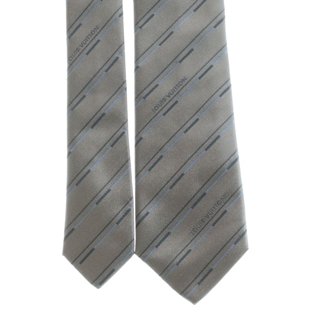 Louis Vuitton グレー ストライプ ネクタイ LOUIS VUITTON (ルイヴィトン) ストライプ柄 ロゴデザイン シルク