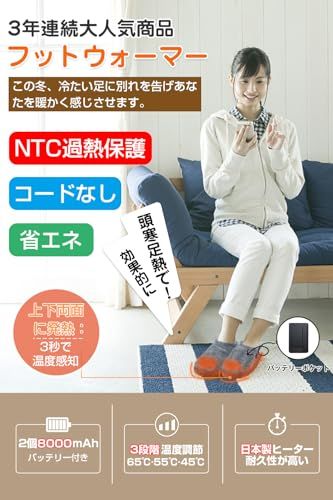 コードなし 3秒で温度感知 電気スリッパ フットウォーマー 8000 mAhバッテリー付き NTC過熱保護 30秒で速熱 自由に歩ける 3段階温度調節 電気足温器 防寒対策 室内履き 洗濯 男女兼用 日本語説明書付き グレー d 12 6 c 2 f