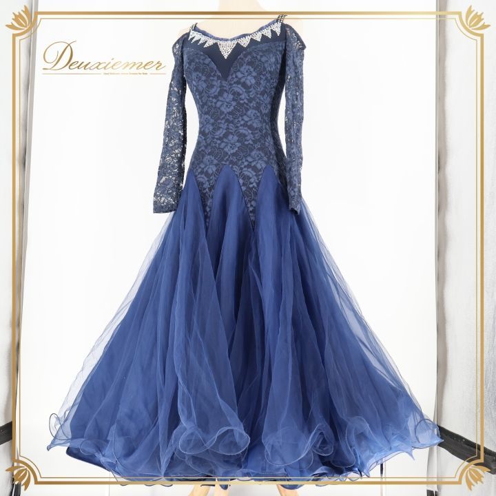 社交ダンス 衣装 ドレス ワンピース 紺 感 上品 フリル レース お洒落 ネイビー系 パーティ 軽やか 優雅 フェミニン クラシックスタイル