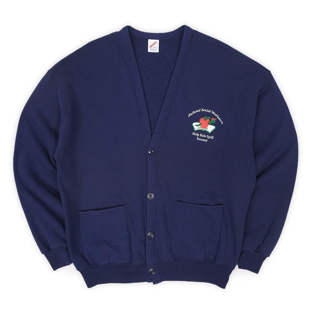 ジャージーズ JERZEES 90s 90年代 スウェットカーディガン MADE IN USA アメリカ製 ロゴプリント RUSSELL ラッセル フェード ヴィンテージ 古着 ネイビー / 紺 ONE SIZE【】