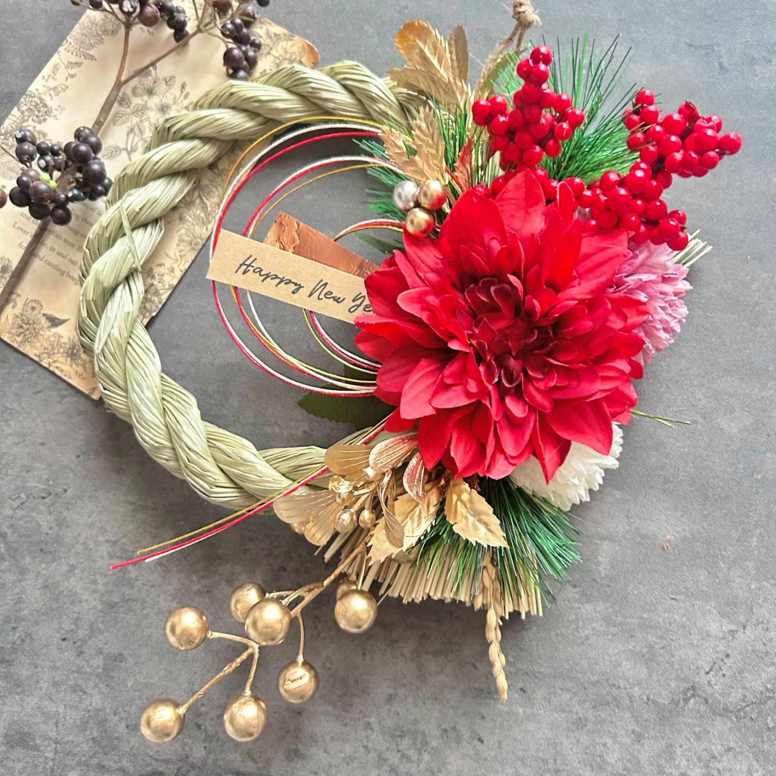 No.220 い草 紅白しめ縄リース2026 ハンドメイドお正月飾り玄関リース