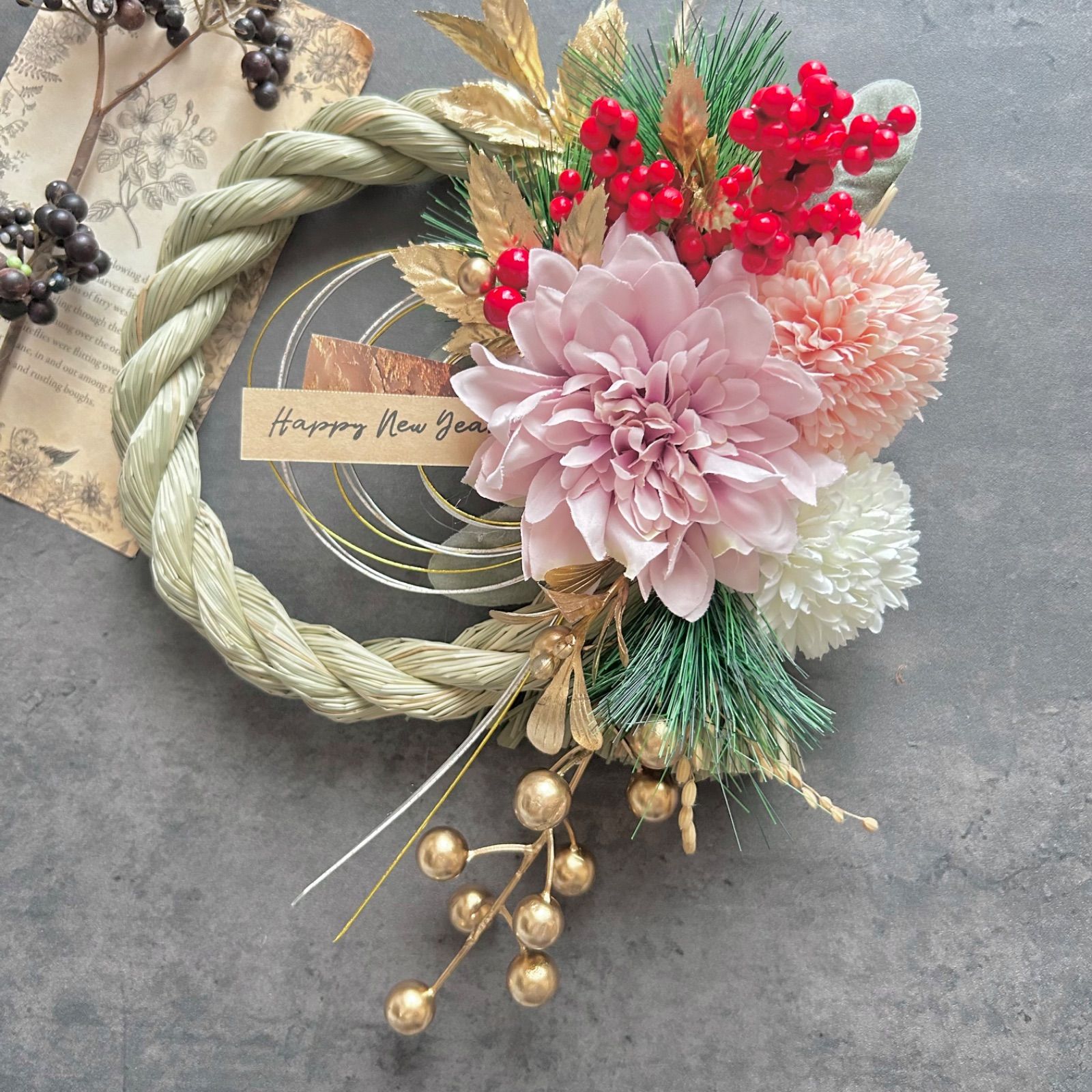 No.221 い草 しめ縄リース2026 ハンドメイドお正月飾り玄関リース