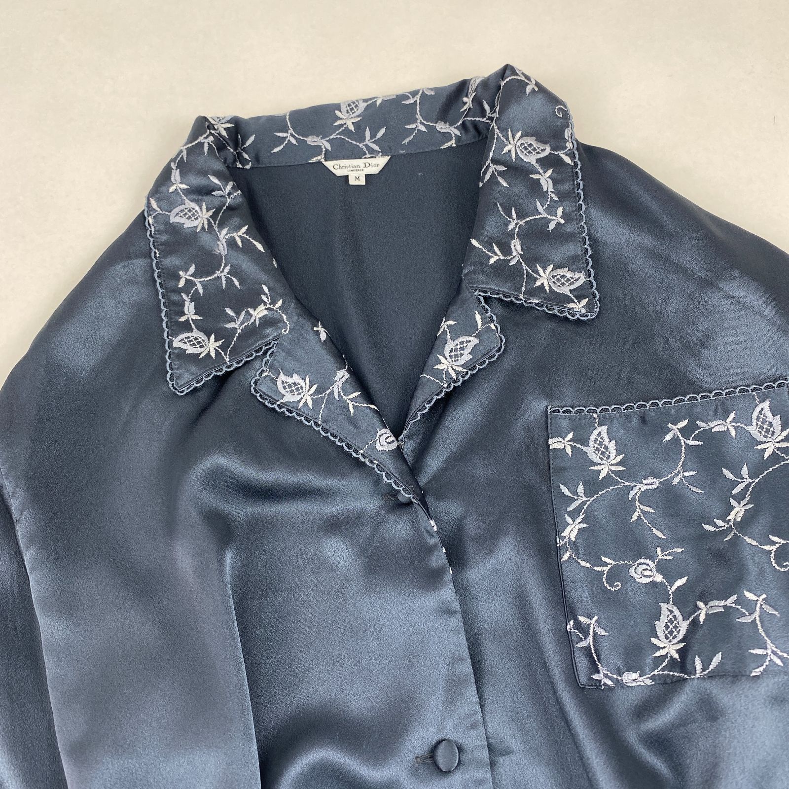 Christian Dior ロングワンピース 花柄刺しゅう サテン グレー M  