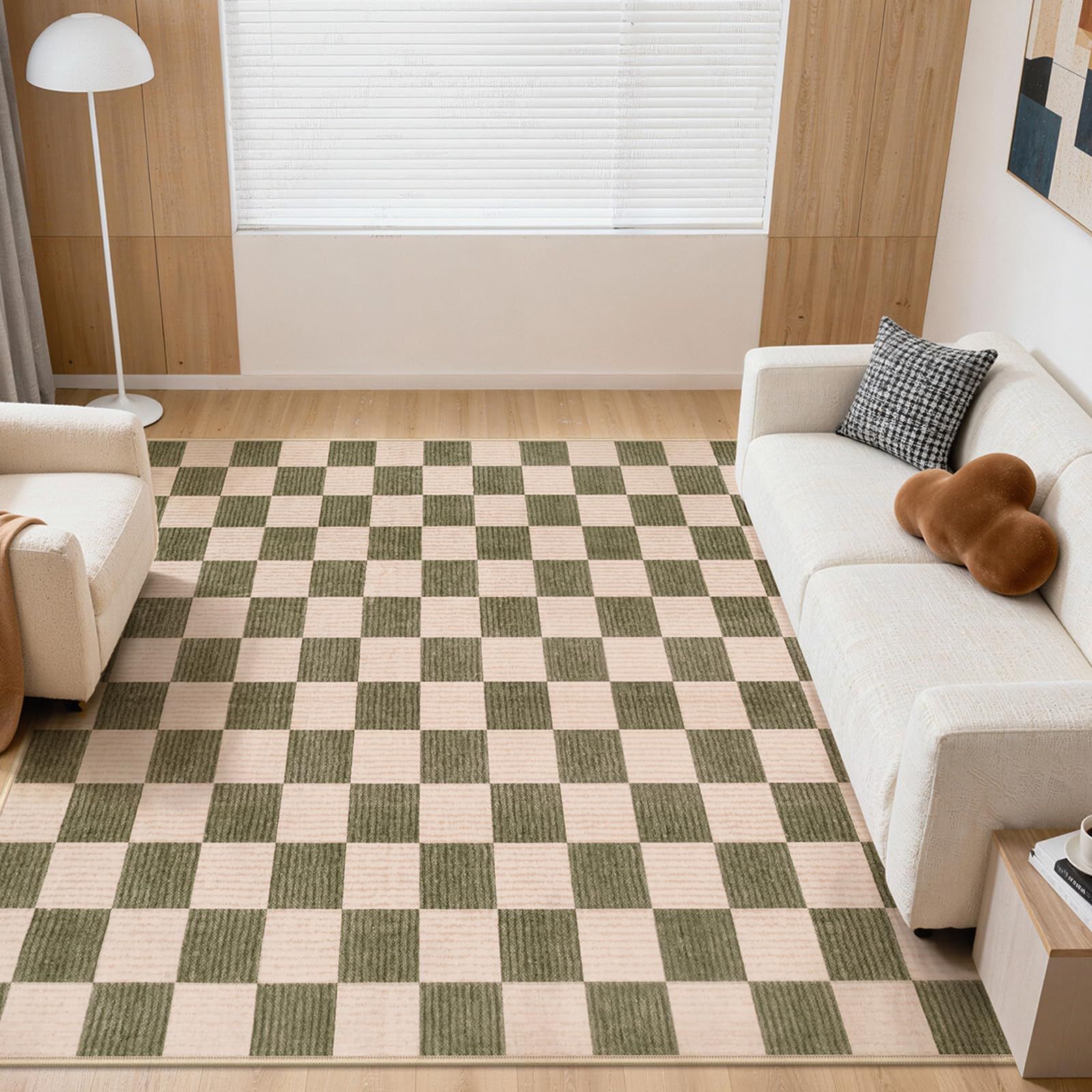HAOCOO カーペット 洗える 185х185 cm ラグ 2畳 オールシーズン適用 北欧風 ホットカーペット対応 モダン ふわふわ 滑り止め 防音 抗菌防臭 室内用 正方形 ラグマット チェック柄 セージグリーン