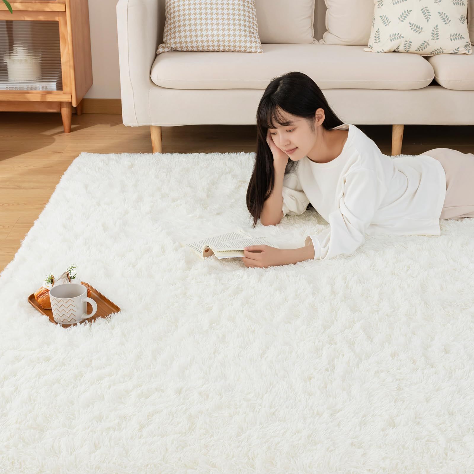 Sun Deco ラグ カーペット シャギーラグ 長方形 約2畳185×185cm 洗えるラグ ラグマット 滑り止め 防音絨毯 ふわっと手触り オールシーズン リビング用 じゅうたん 柔らかい (ホワイト 約2畳185×185c