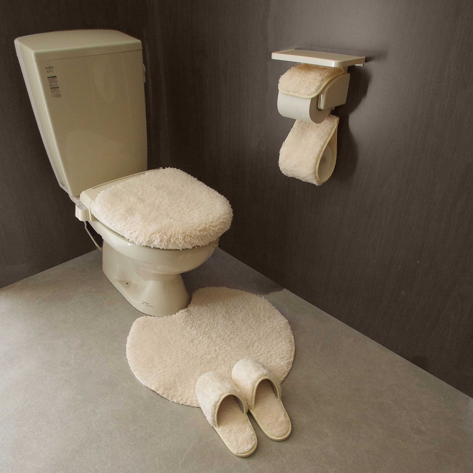 数量 San Luna トイレタリー 4点セット マシュマロ アイボリー 洗える トイレマット 55 cm 60 トイレふたカバー スリッパ トイレットペーパーホルダー 吸水 速乾 抗菌 防臭 かわいい シンプル オリジナル