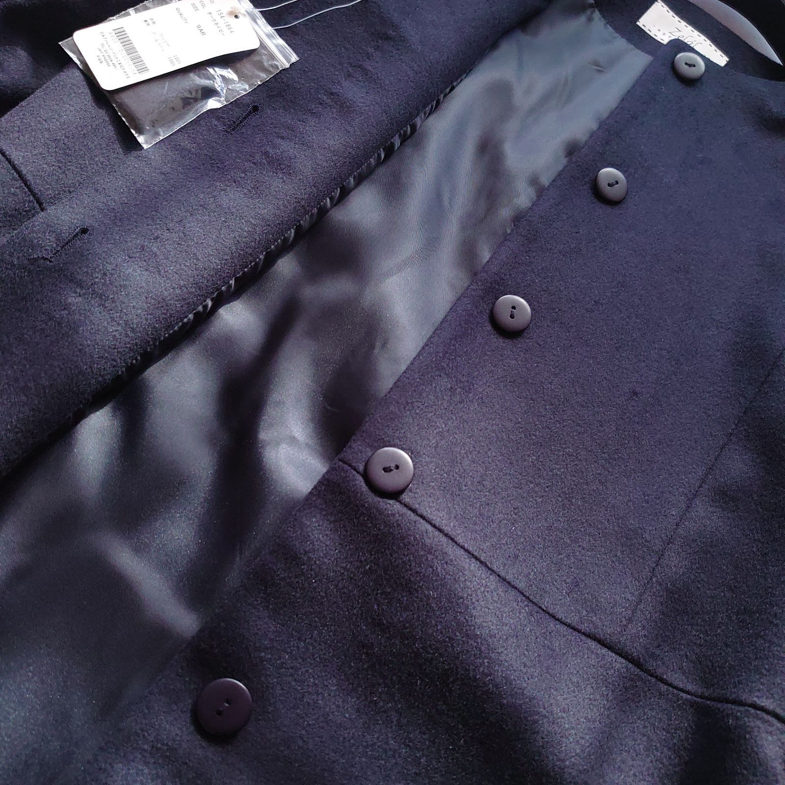 タグ付 元町ゼラール カシミヤ100％ ノーカラーコート 比翼 ネイビー M