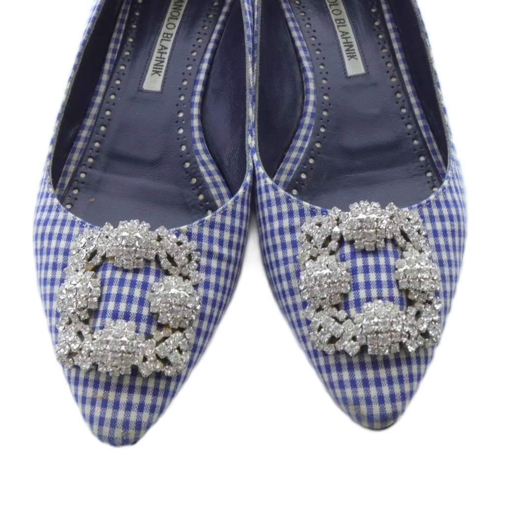 マノロブラニク ギンガムチェック ハンギシ 35 美品 マノロブラニク MANOLO BLAHNIK ハンギシ ギンガムチェック フラット