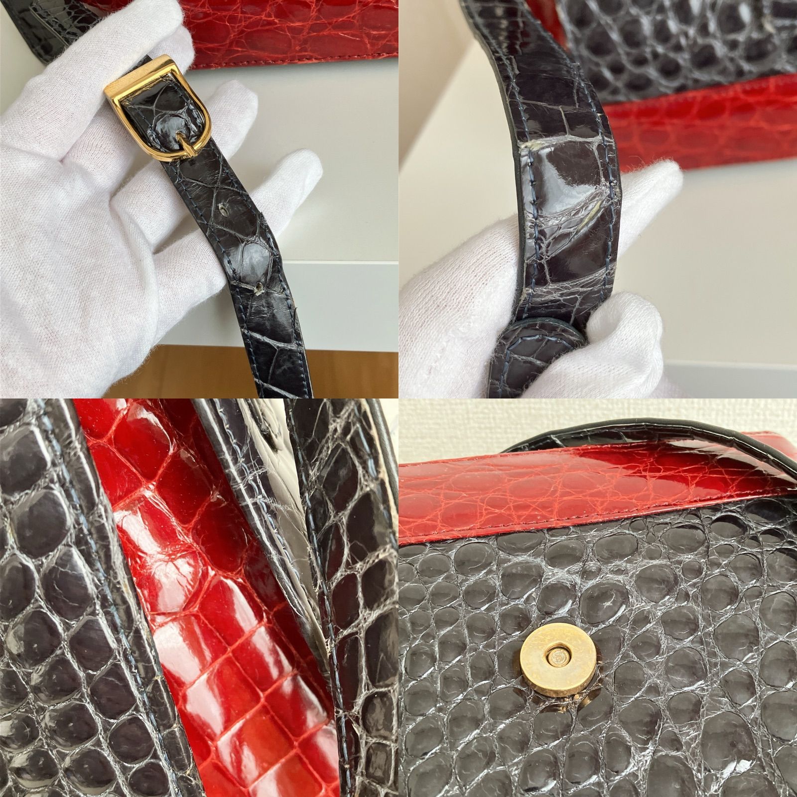 レディース クロコダイル型押し マルチカラー ネイビー×レッド 