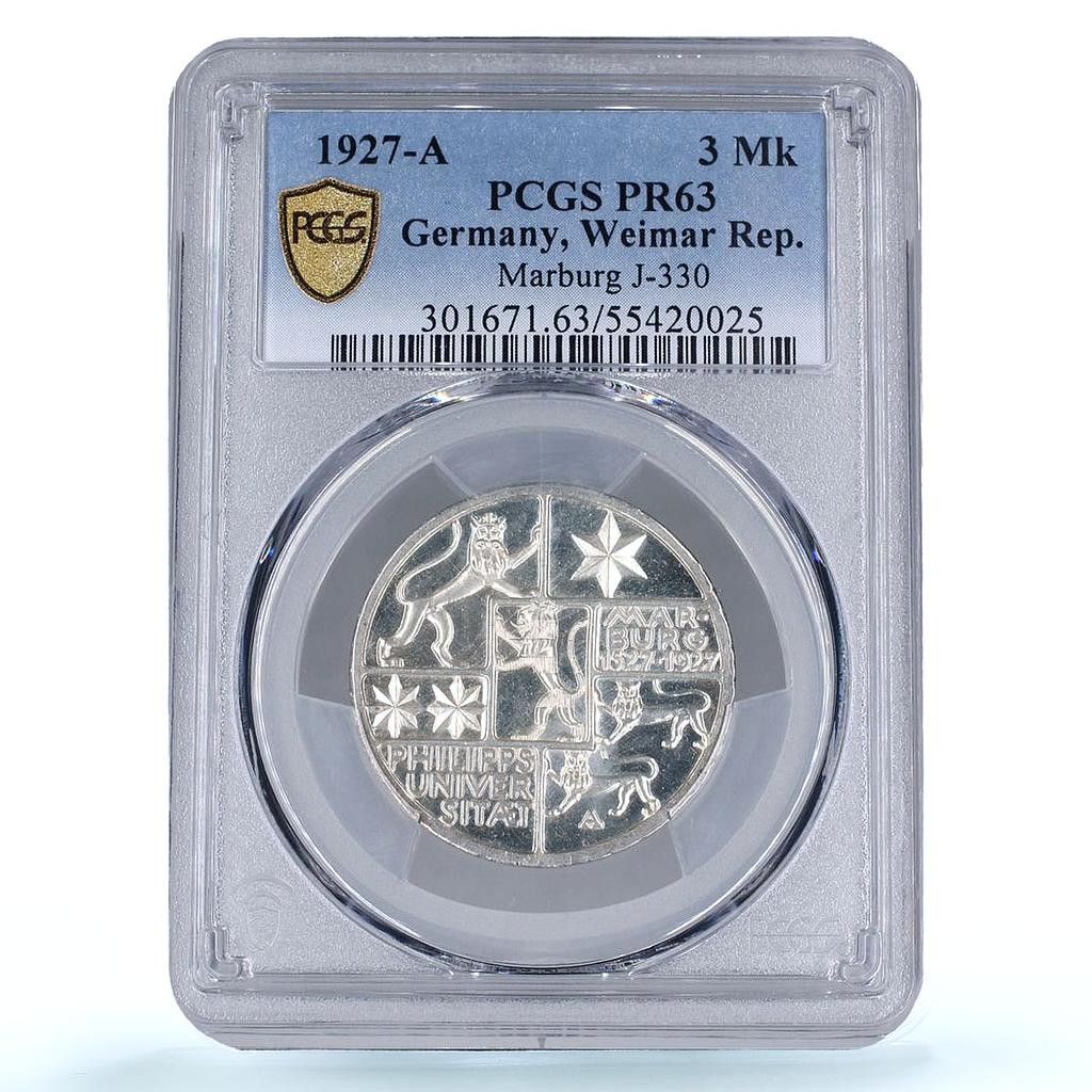 『PCGS MS65』ワイマール共和国3ライヒスマルク銀貨（1927年） ドイツ ワイマール 3マルク マールブルク大学 歴史 PR63 PCGS 銀貨