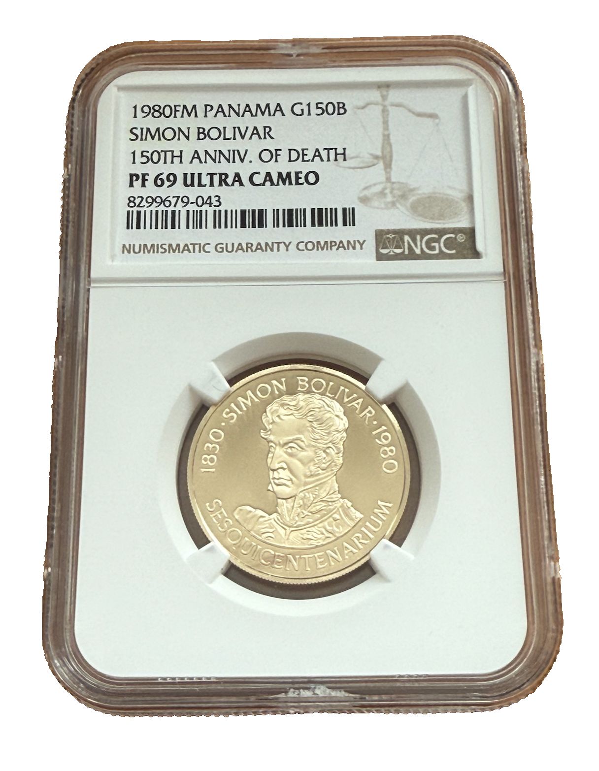 パナマ 1980年 FM ゴールド 150バルボア NGC PF 69 UC シモン ボリバル