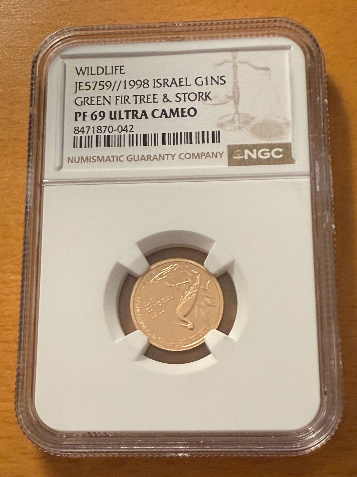 イスラエル 1998年 金貨 1 10オンス シェケル NGC PF69UC 緑のモミの木とコウノトリ