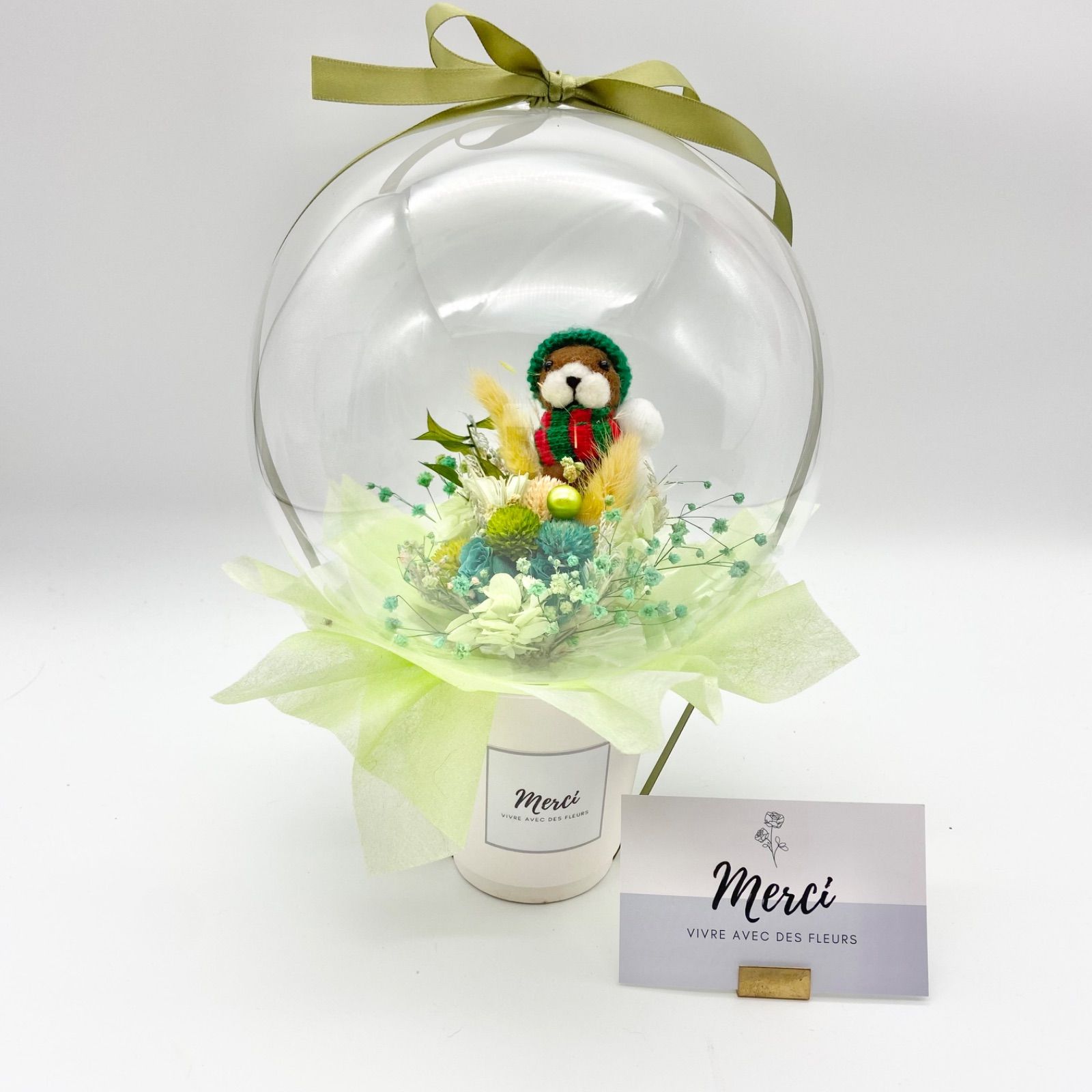 グリーン♡プリザーブドフラワー、羊毛カワウソ♡フラワーバルーン