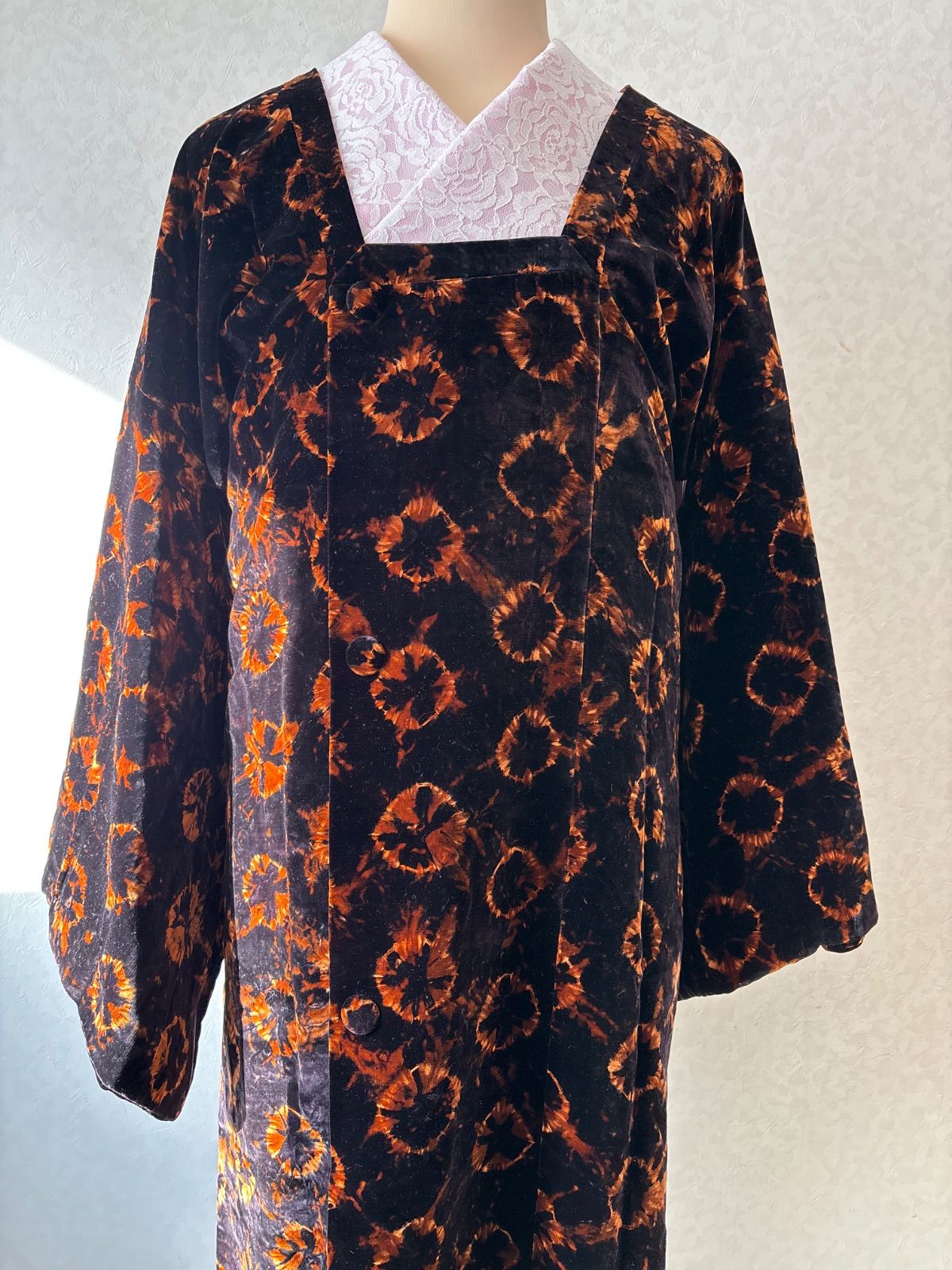 輪奈ビロードコート 絞り道行 茶系 裄65