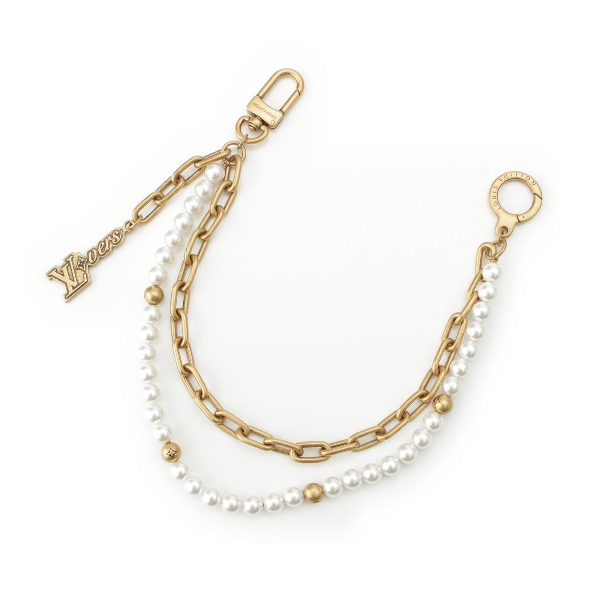 ルイヴィトン ロゴ パール チェーン ベルト バッグ チャーム M 01689 ゴールド ホワイト