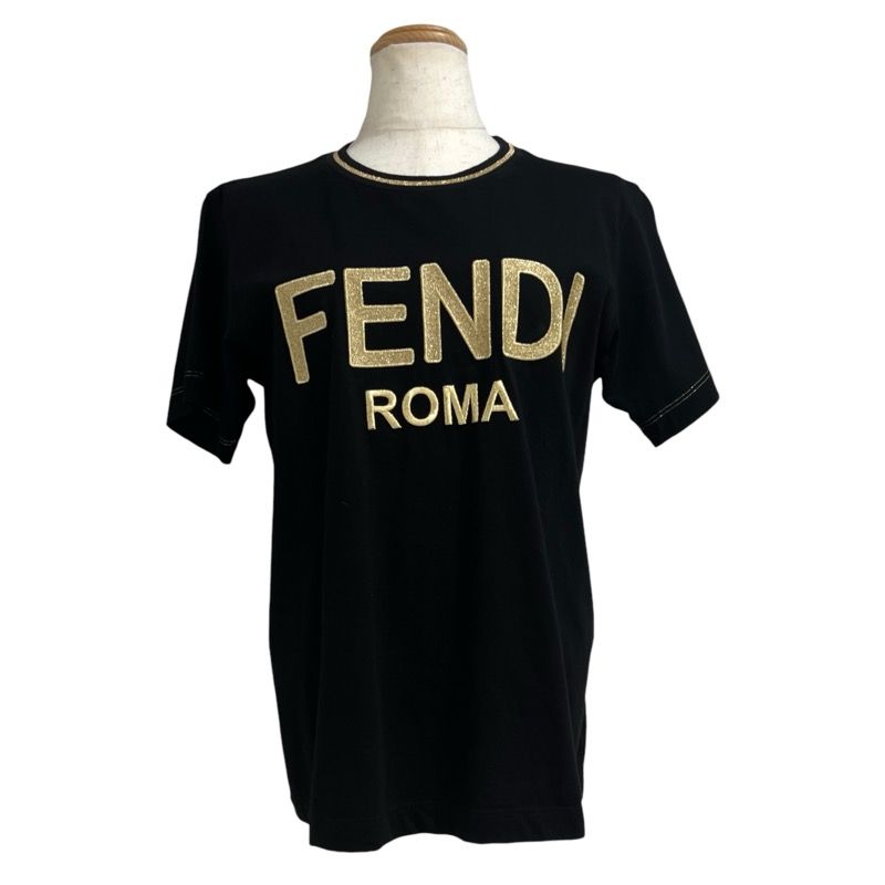 フェンディ FENDI ロゴ刺繍半袖Tシャツ ブラック コットン レディース 半袖Ｔシャツ