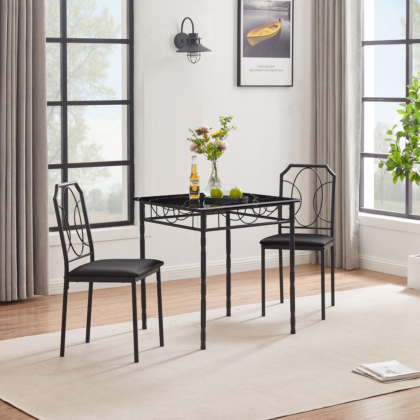 【数量限定】VECELO ダイニングテーブルセット 2人用 3点セット(テーブル*1点 チェア*2点) ブラック 幅70×奥行70×高さ76cm 省スペース 食卓 スチール 大理石調天板 正方形