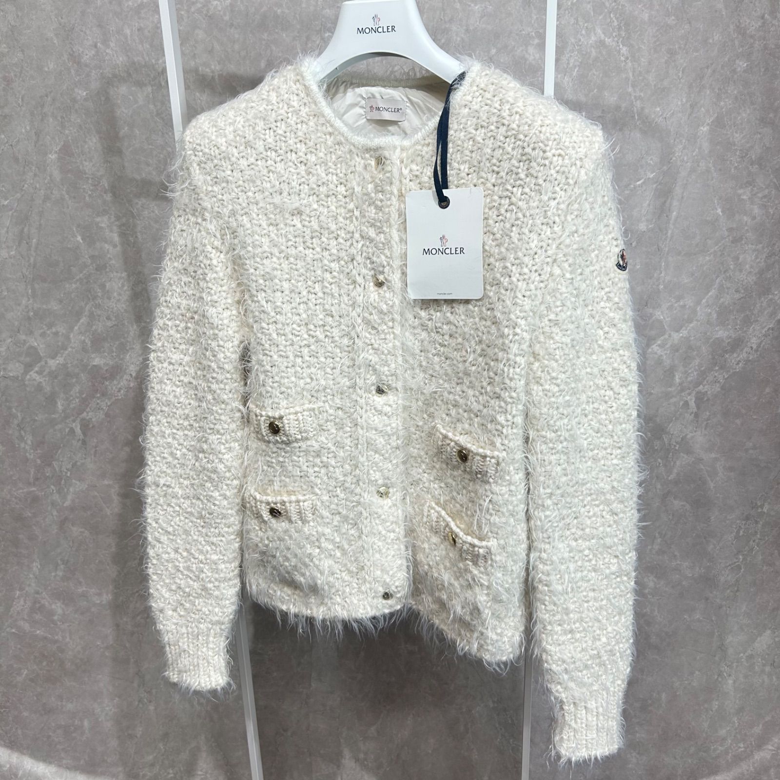 未使用】 MONCLER モンクレール 異素材ダウンカーディガン白ファーS 