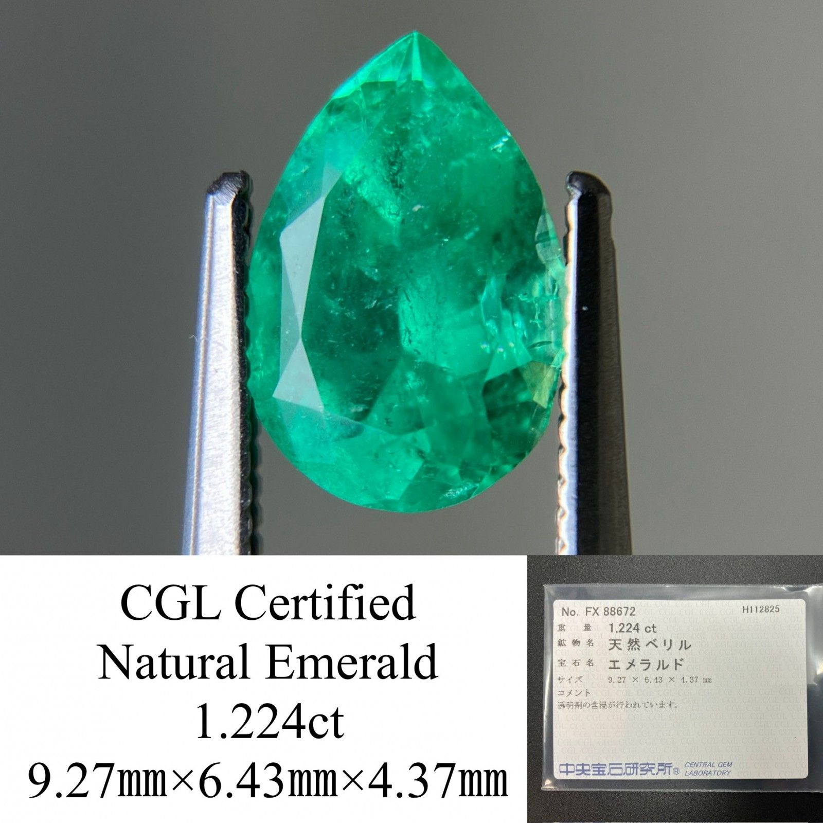 エメラルド 天然 1 224 ct 中央宝石ソーティング付き 9 27㎜ 6 43㎜ 4 37㎜ ルース 裸石 7509 YY