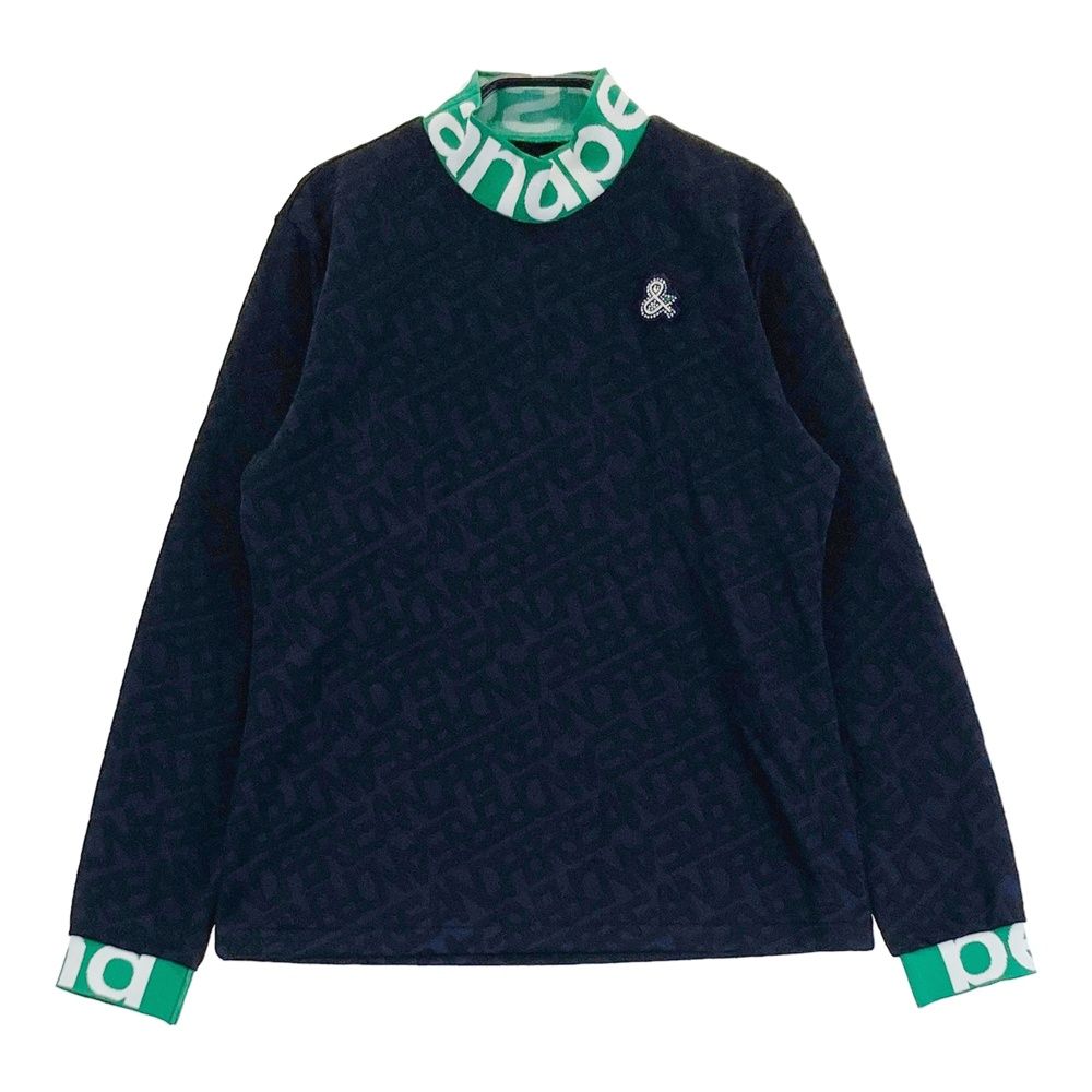 サイズ M AND PER SE アンパスィ モデル モックネック長袖 Tシャツ 総柄 ネイビー系 ゴルフウェア レディース ストスト