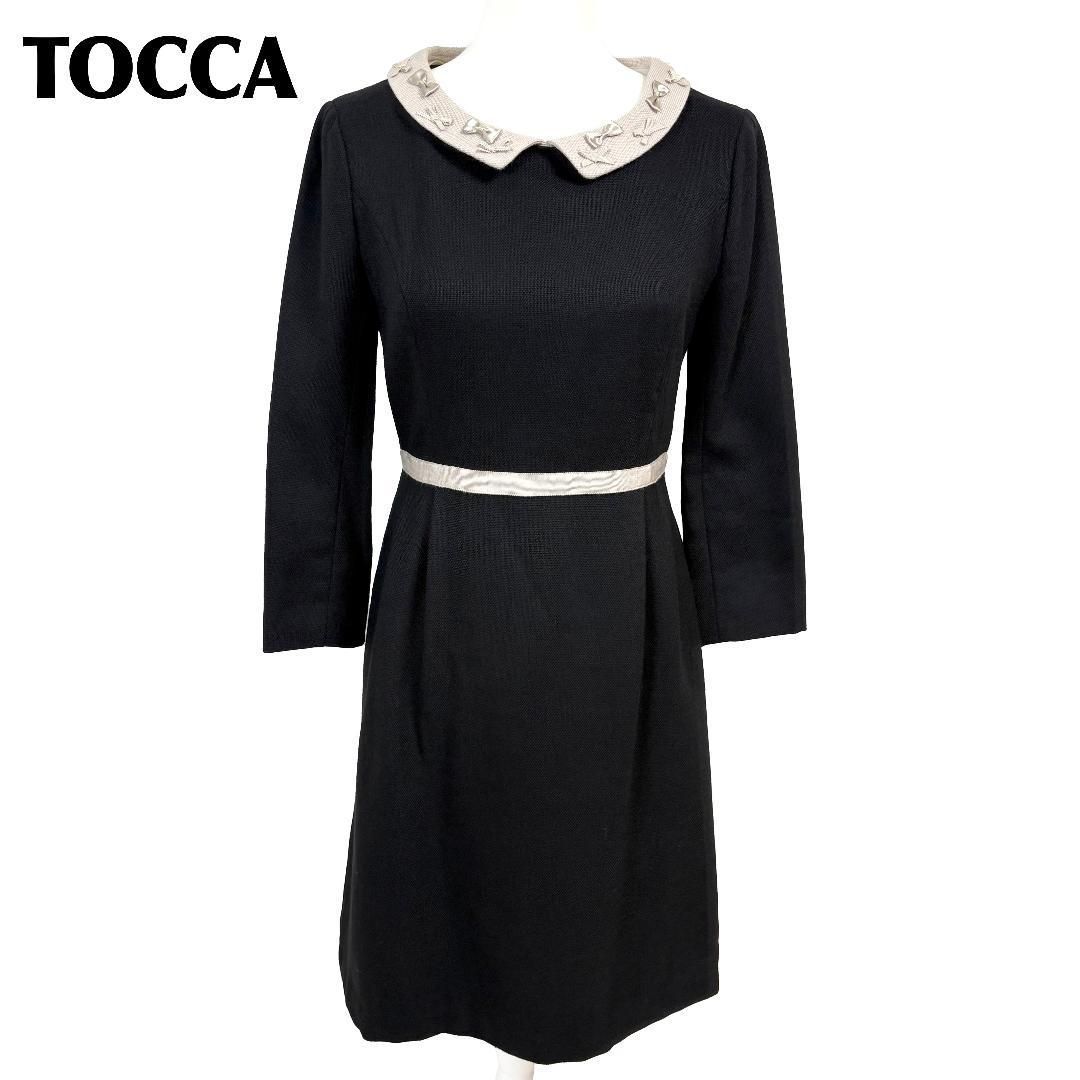 TOCCA 長袖ドレスワンピース 6 黒×ベージュ ビジュー襟
