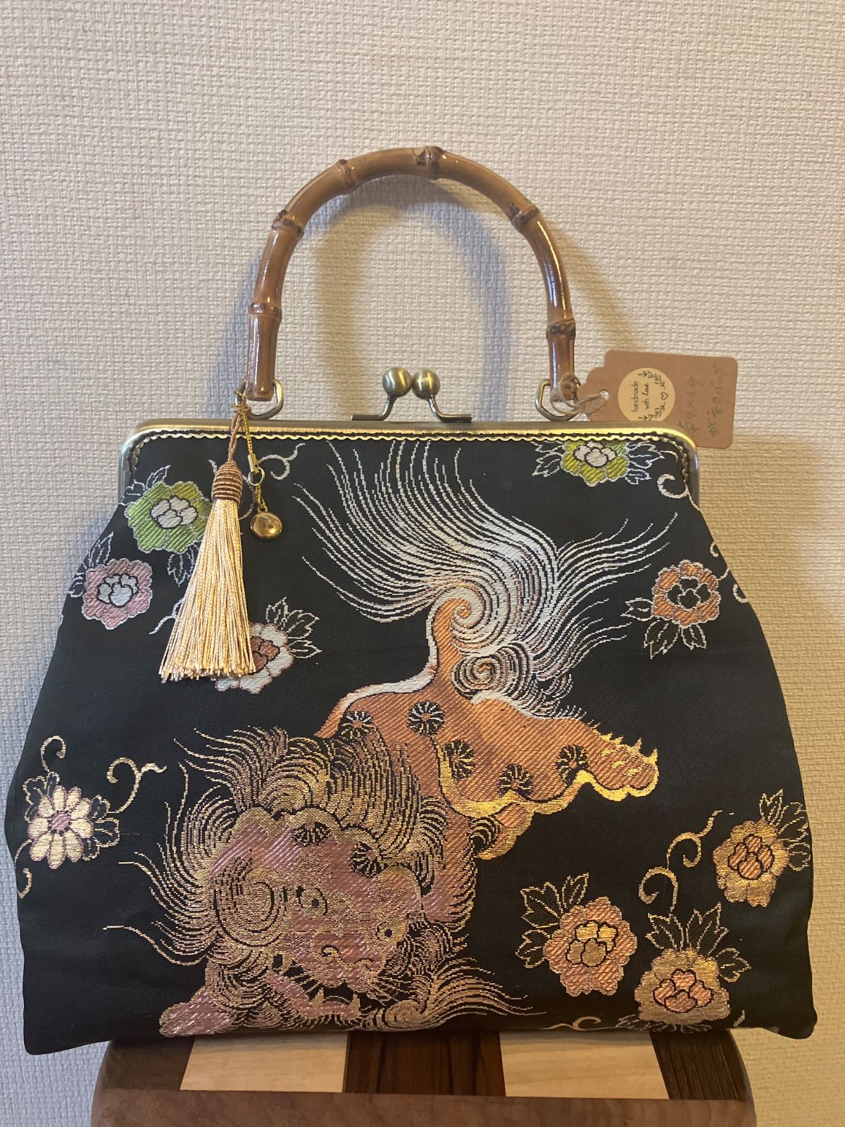 ハンドメイド 黒帯リメイクがま口バッグ 唐獅子 金 銀