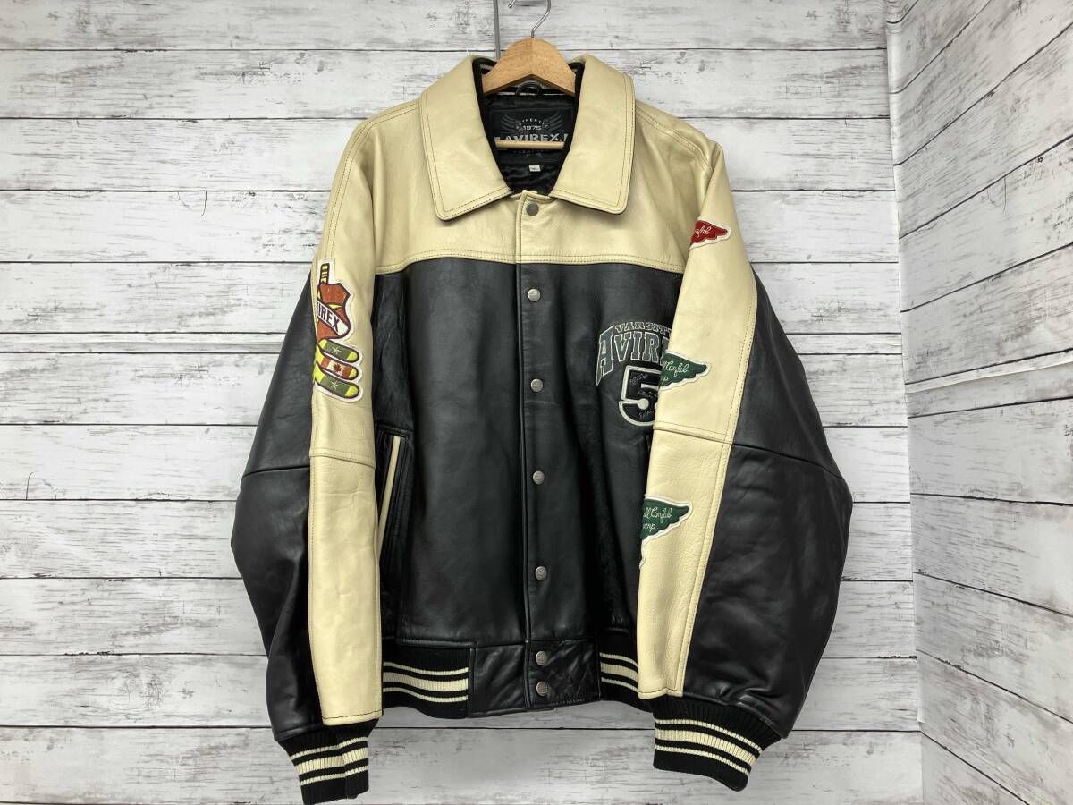 AVIREX スタジャン NORTHEWEST WILD BEARS レザー オフホワイト ブラック XLサイズ
