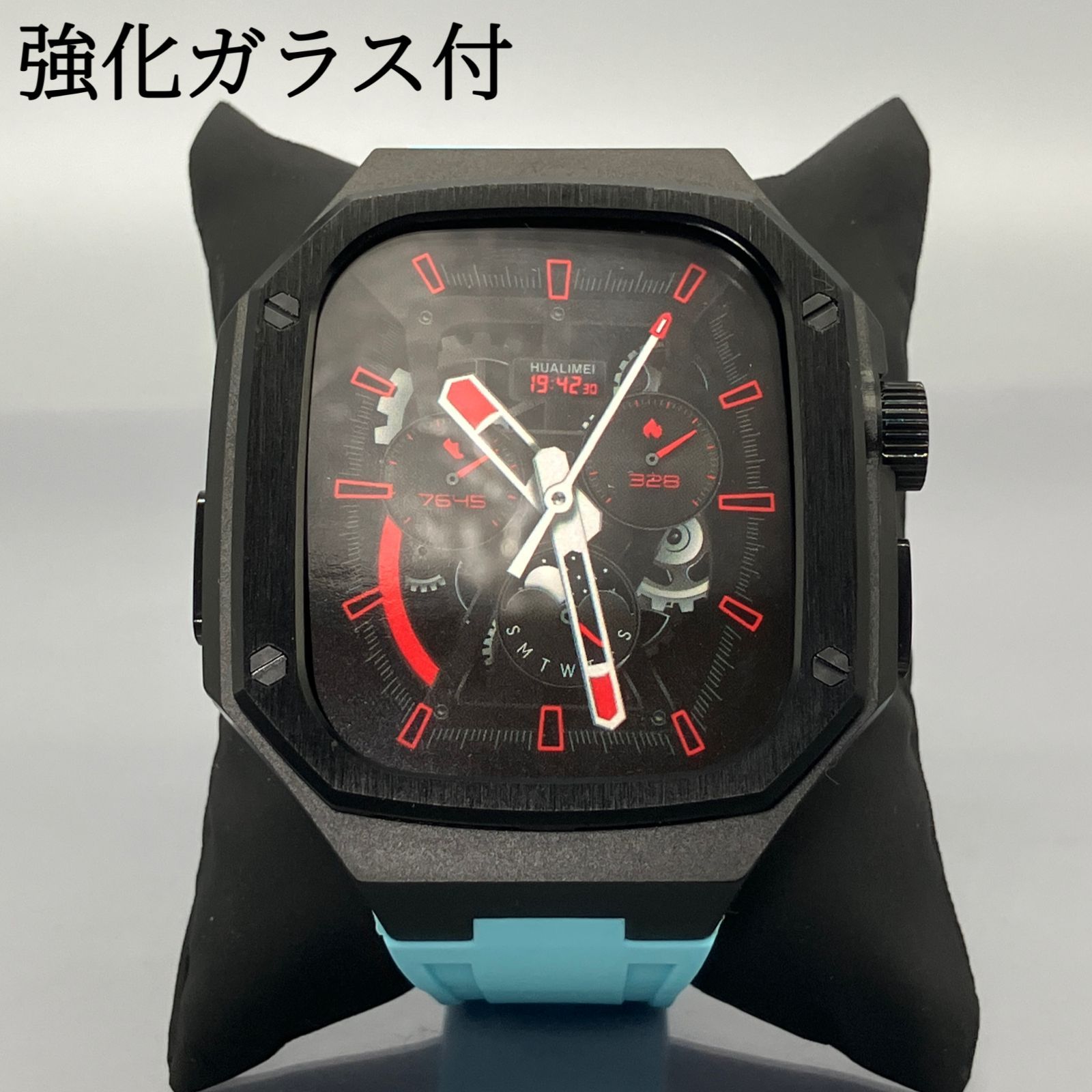 GimelZayin ブラック スカイブルー アップルウォッチ ラバーベルト カバー ステンレス アルミニウム ケース 49 mm ウルトラ ultra 2 3 メンズ レディース Apple Watch バンド