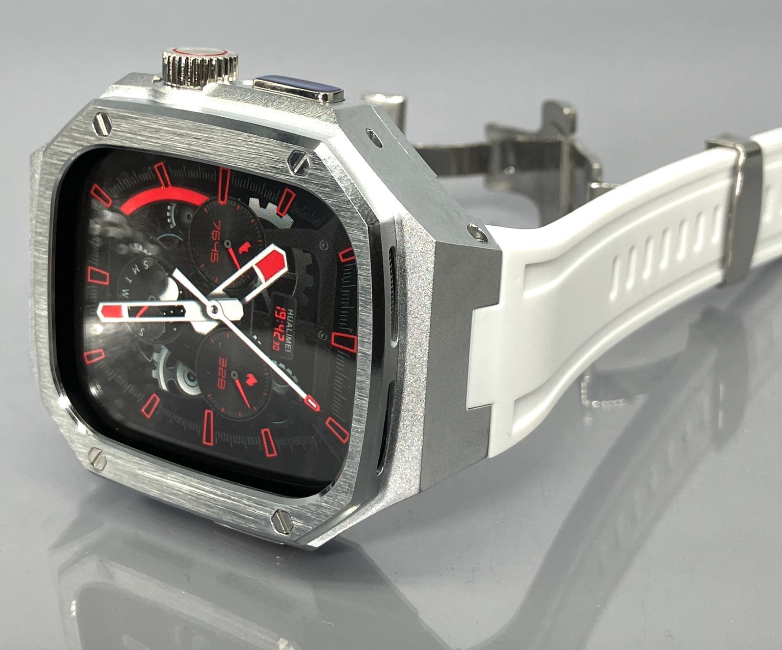 GimelZayin ホワイト シルバー アップルウォッチ ラバーベルト カバー ステンレス アルミニウム ケース 49 mm ウルトラ ultra 2 3 メンズ レディース Apple Watch バンド