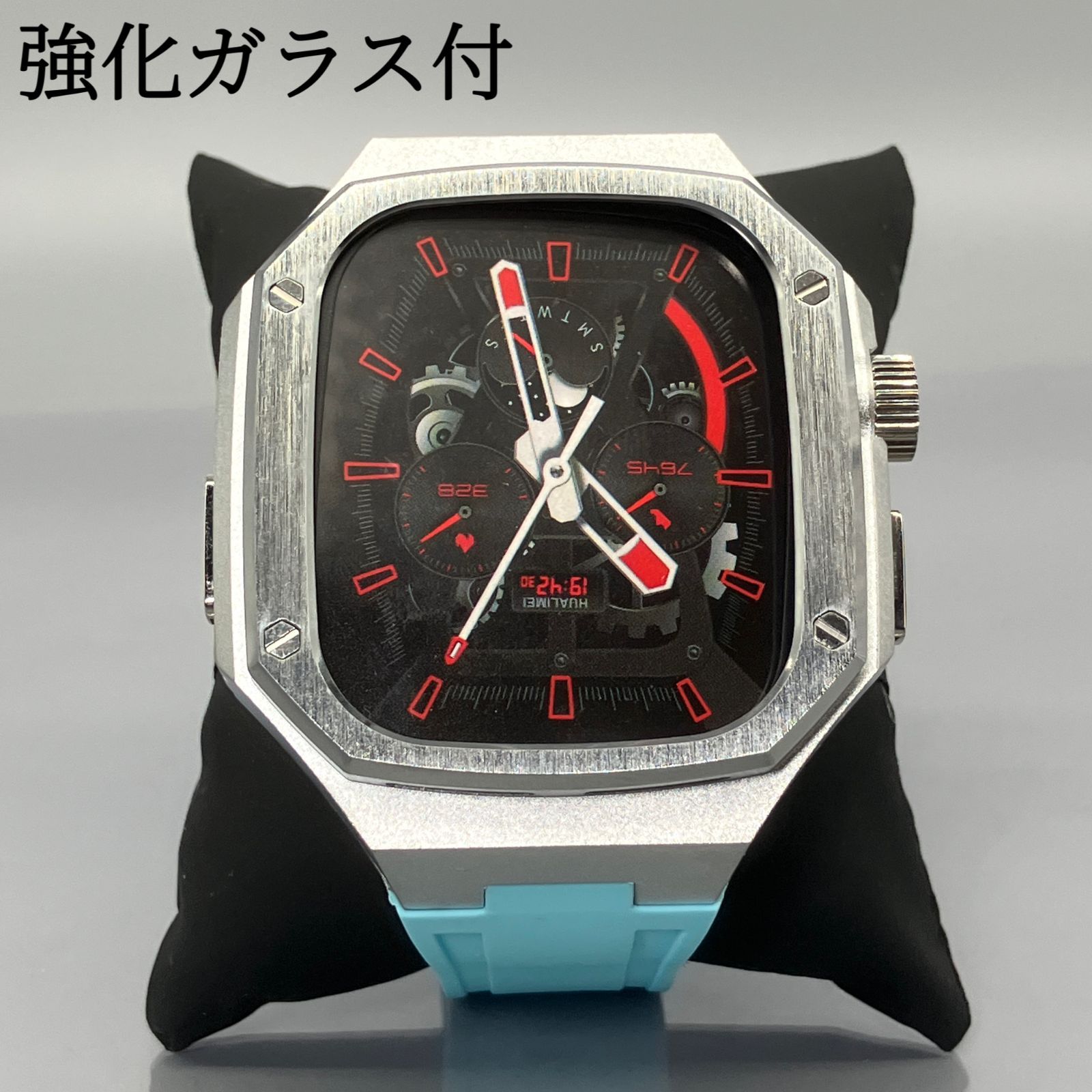 GimelZayin スカイブルー シルバー アップルウォッチ ラバーベルト カバー ステンレス アルミニウム ケース 49 mm ウルトラ ultra 2 3 メンズ レディース Apple Watch バンド
