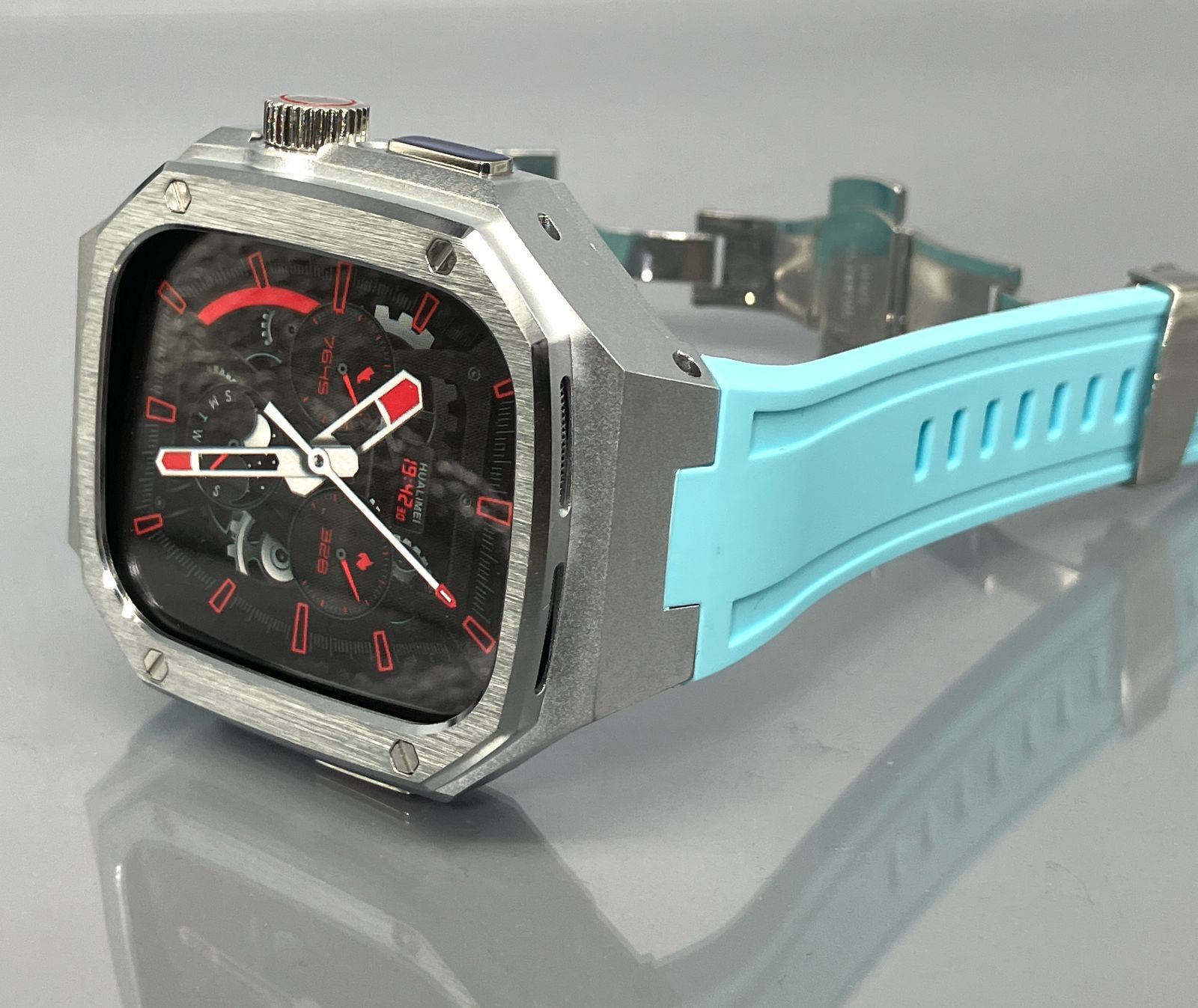 GimelZayin スカイブルー シルバー アップルウォッチ ラバーベルト カバー ステンレス アルミニウム ケース 49 mm ウルトラ ultra 2 3 メンズ レディース Apple Watch バンド