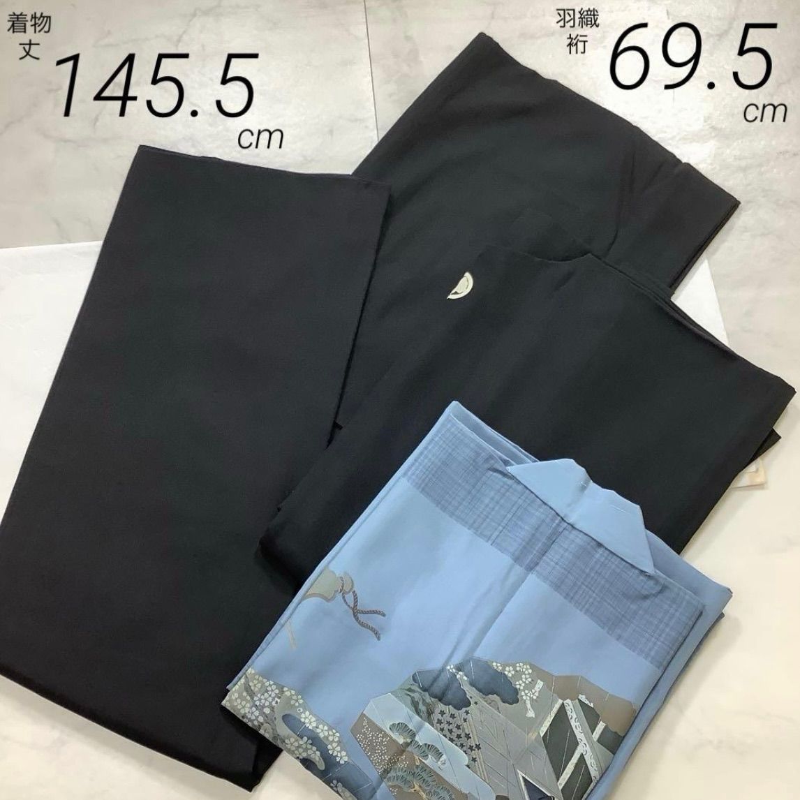 kimono one⬛️男前屋⬛️男黒紋付⬛️アンサンブル⬛️男着物⬛️男羽織⬛️長襦袢付き⬛️ 上羽二重⬛️正絹⬛️五つ紋⬛️裄69 5丈145 5