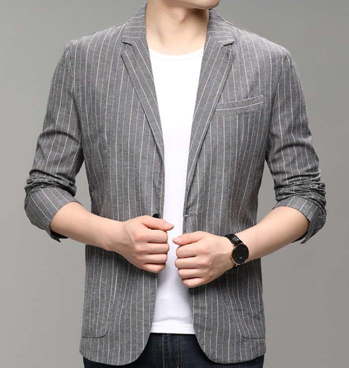 テーラードジャケット リネンジャケット 綿麻 メンズブレザー ストライプ柄 カジュアルジャケット 一つボタン ビジネス サマージャケット