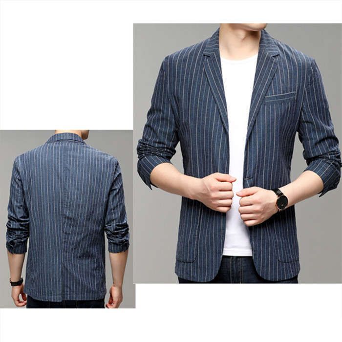  テーラードジャケット リネンジャケット 綿麻 メンズブレザー ストライプ柄 カジュアルジャケット 一つボタン ビジネス サマージャケット コート ジャケット ファッション
