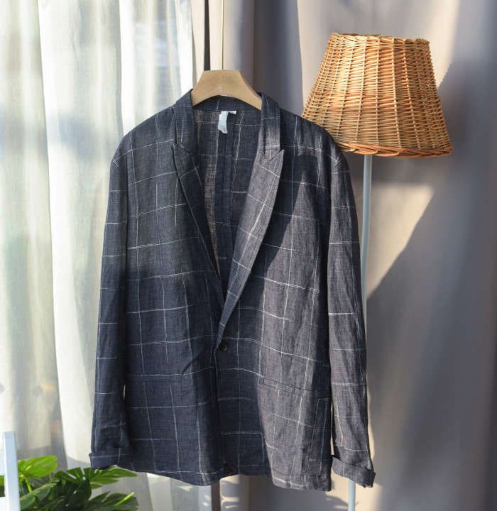 テーラードジャケット リネンジャケット メンズブレザー チェック柄 カジュアルジャケット 一つボタン ビジネス サマージャケット 亜