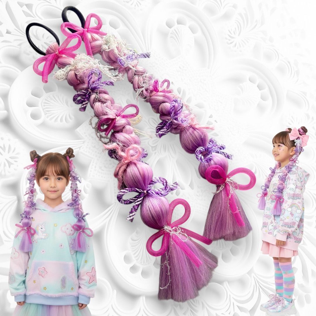 【e-5】毛糸エクステ ヘアゴム❁カラフル ニコちゃん 原宿デコラ 個性的 派手 受注制作》ヘアゴムエクステ ツイン しなこちゃん 原宿系エクステ 派手