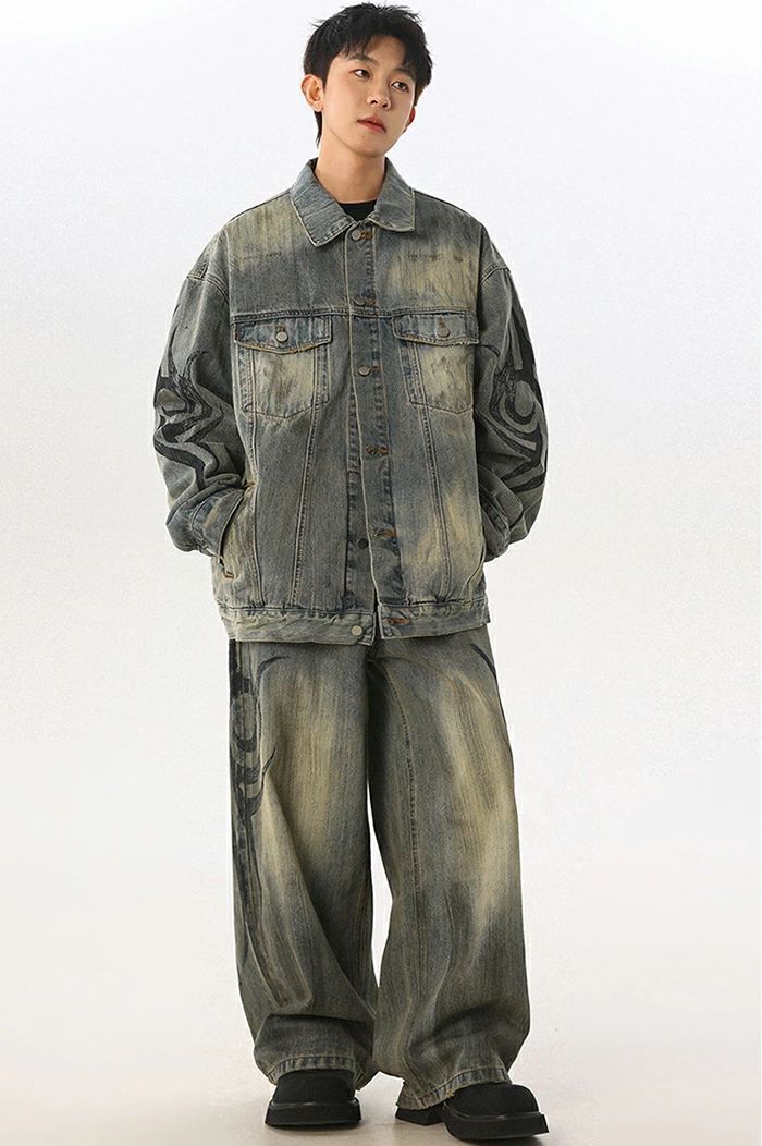 セットアップ コート メンズセット デニムセット ジャケット デニム 春秋 ウォッシュ レトロ ショート 綿 デニムジャケット ジーパンツ 上